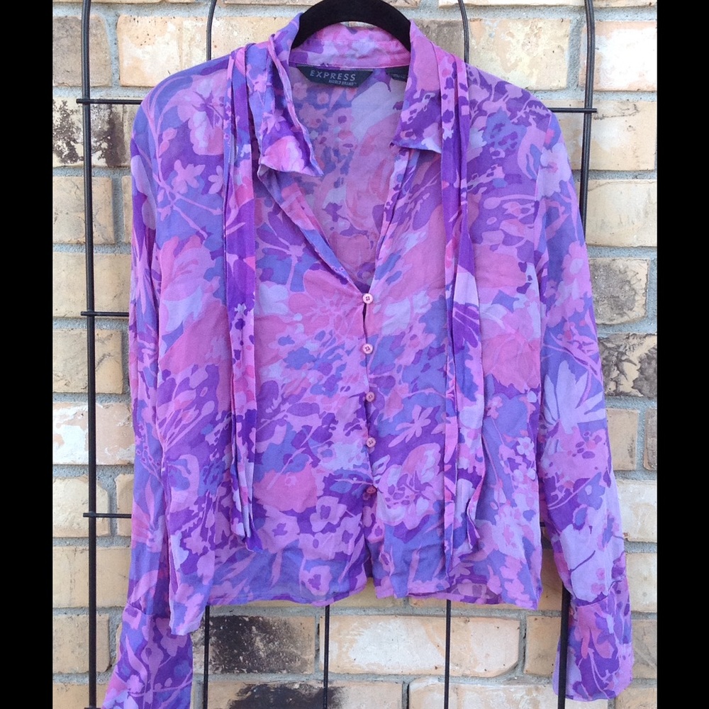 Express silk button-up top w/ necktie